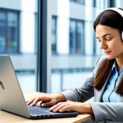 Home 4 A focused professional woman, mid-30s, in a modest business casual outfit, wearing sleek over-ear headphones, working diligently on a laptop in a brightly lit, minimalist modern office. The background shows soft, blurred natural light from a large window. Her posture is natural and relaxed, indicating deep concentration. The image conveys productivity and calm. professional photography, high quality, perfect anatomy, correct proportions, natural pose, well-formed hands, proper finger count, natural body proportions, fully clothed, appropriate attire, safe for work, appropriate content, professional.