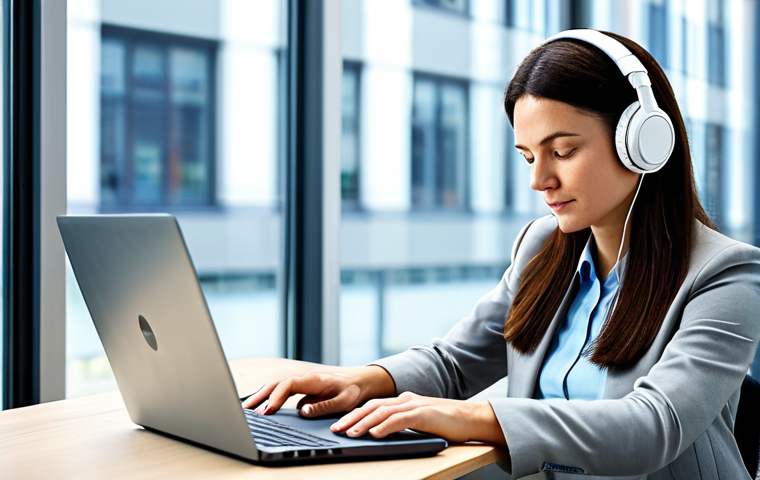 A focused professional woman, mid-30s, in a modest business casual outfit, wearing sleek over-ear headphones, working diligently on a laptop in a brightly lit, minimalist modern office. The background shows soft, blurred natural light from a large window. Her posture is natural and relaxed, indicating deep concentration. The image conveys productivity and calm. professional photography, high quality, perfect anatomy, correct proportions, natural pose, well-formed hands, proper finger count, natural body proportions, fully clothed, appropriate attire, safe for work, appropriate content, professional.